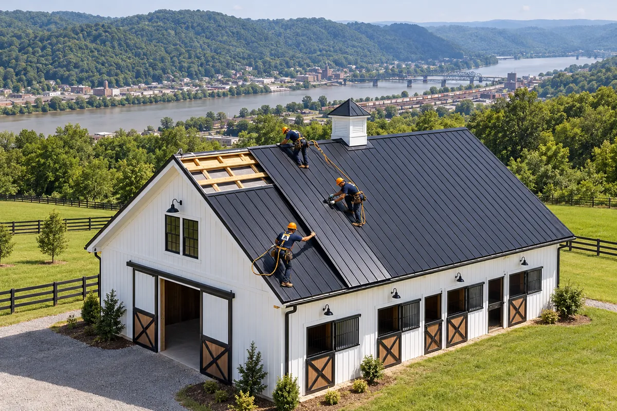 Roofers installing metal panels on a commercial building roof
