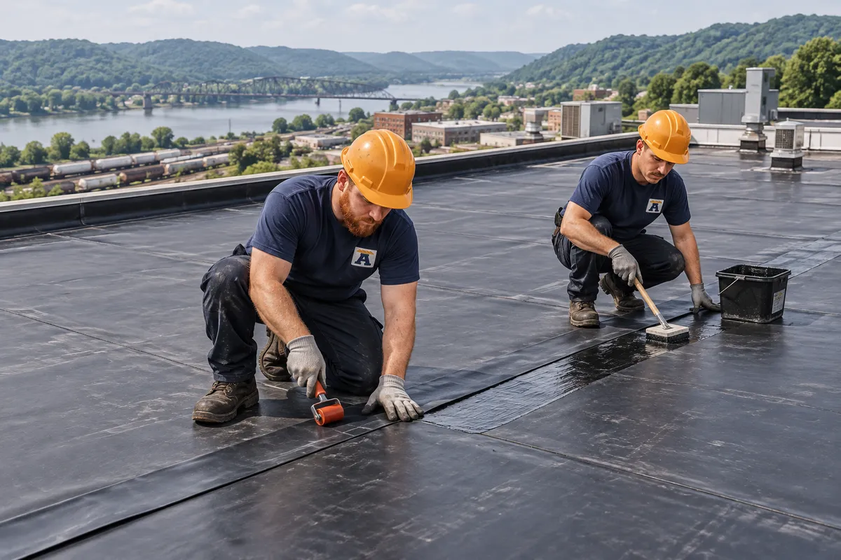 Crew installing black EPDM rubber membrane on a flat commercial roof