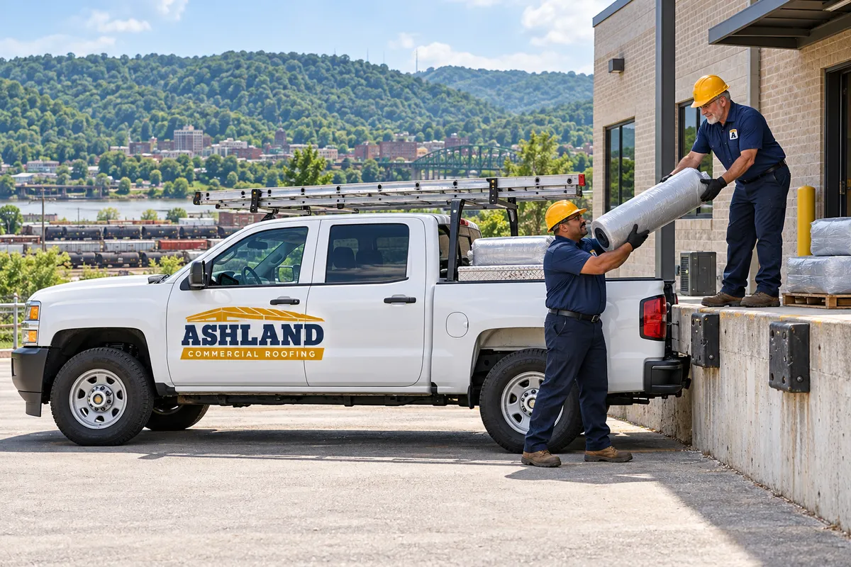Roofing truck and materials staged beside a commercial building